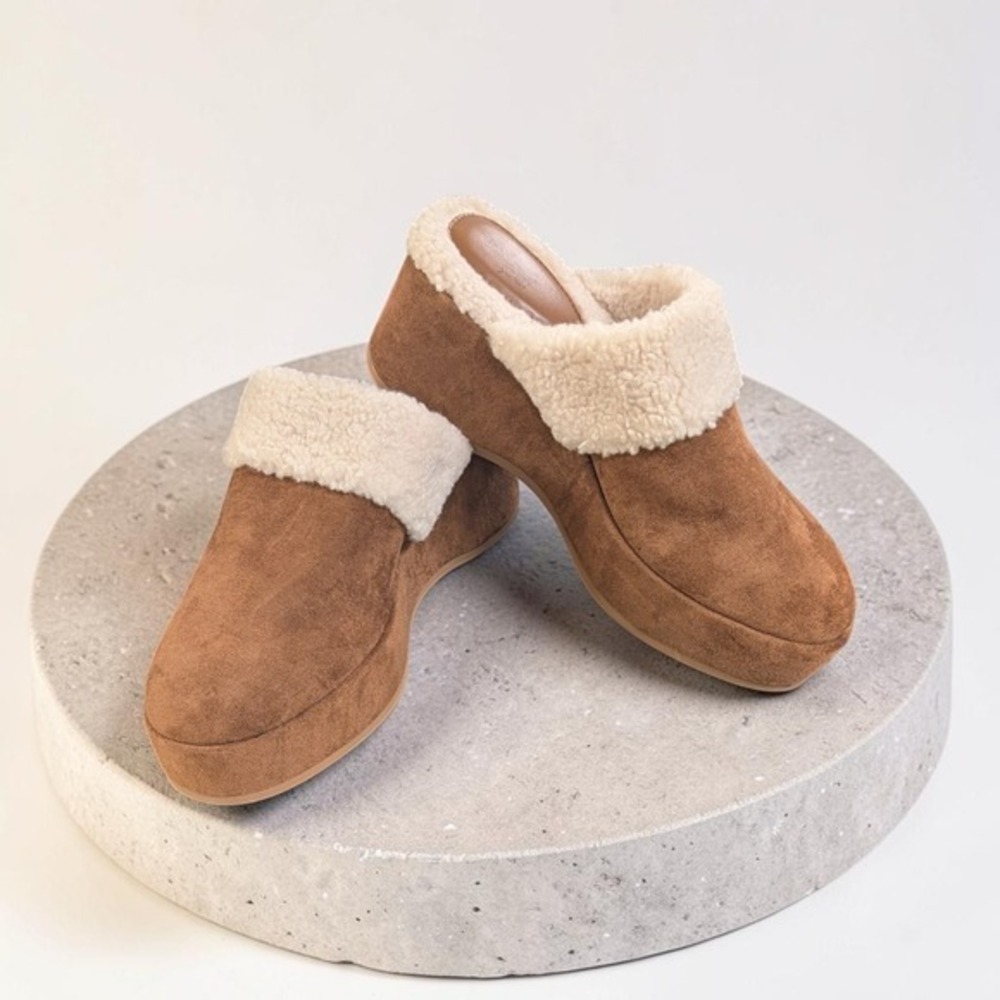 Faux Shearling Wedge Clogs Brown Womens 9 Slip-On Platform Cozy Fall  New - Picture 3 of 9